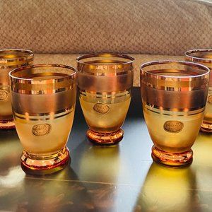 Vintage Set of 5 Czech Bohemian Gold Band Cordial Shot Glasses